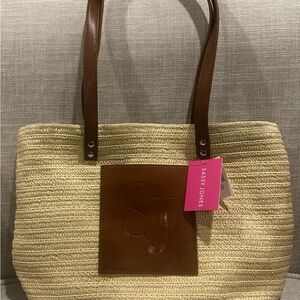 Sassy Jones woven straw tote bag in the Natural color